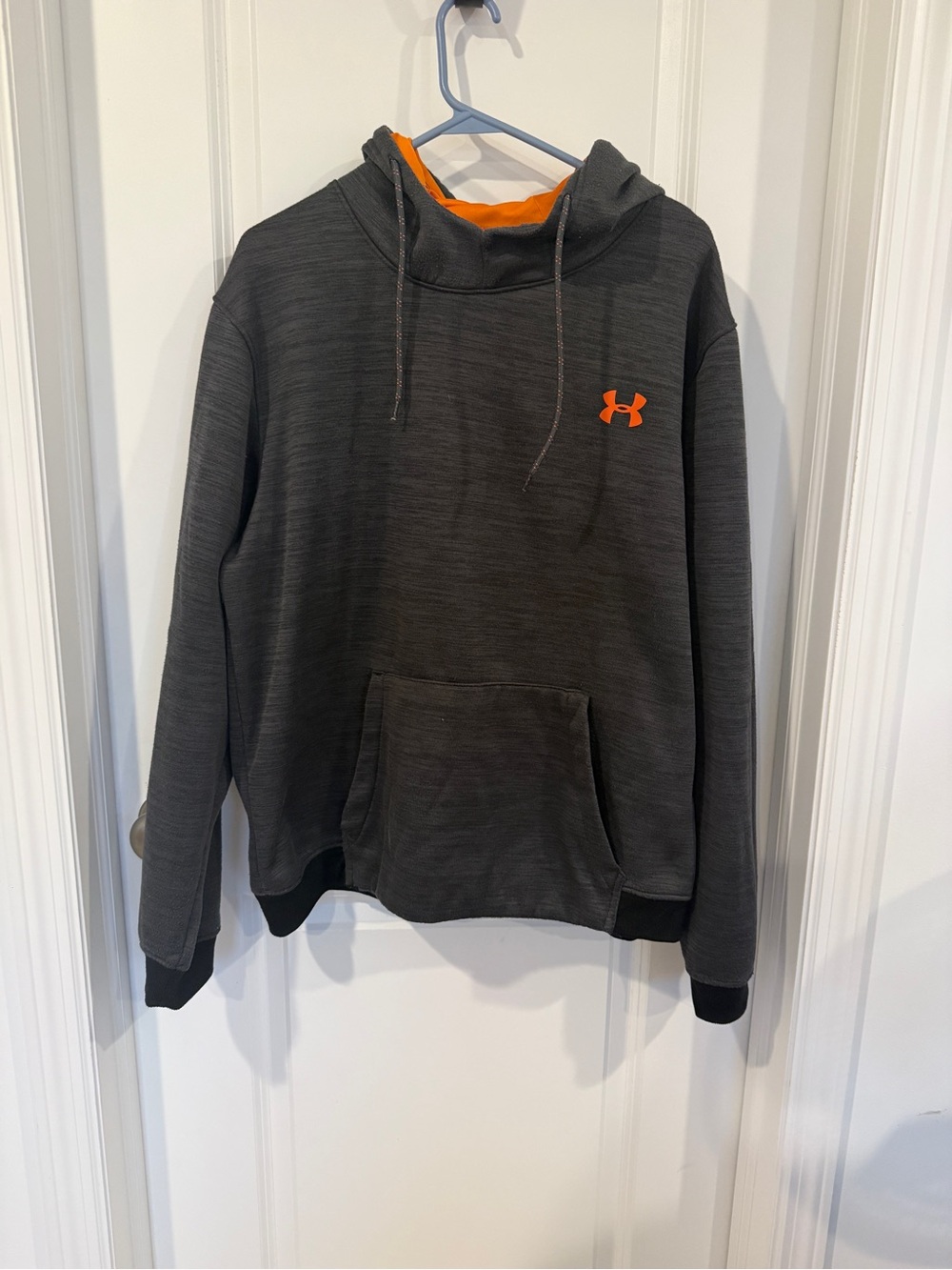 Under Armour Men's Dark Gray Hoodie with Orange Logo & Lined Hood